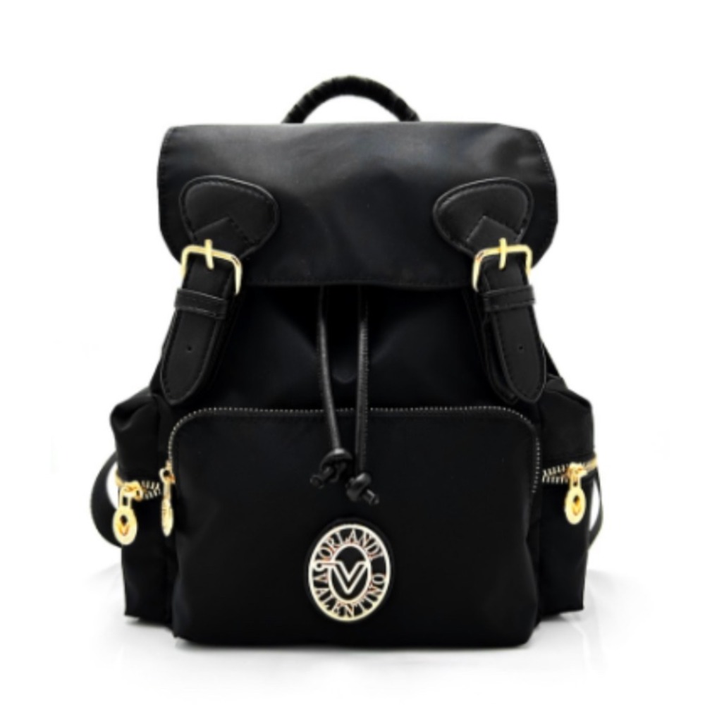 Valentino Orlandi Backpack Black Vegan Leather Nylon Gold Accents Italy‎ Design
